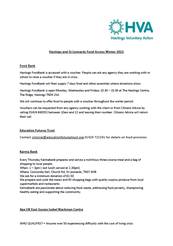 Hastings Voluntary Action Food sheet